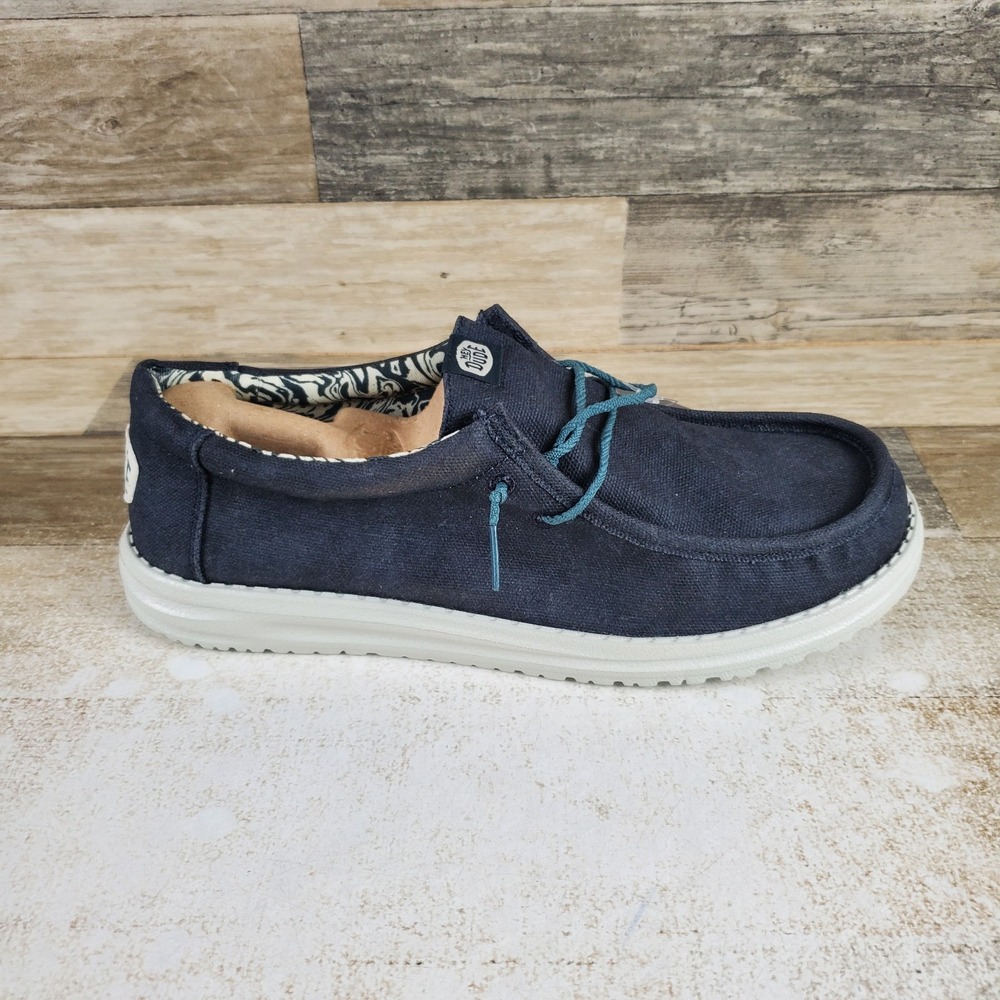 Hey Dude Wally Waxed Canvas Mens Loafer Shoe Sz 9 Comfort Navy Slip On Round Toe